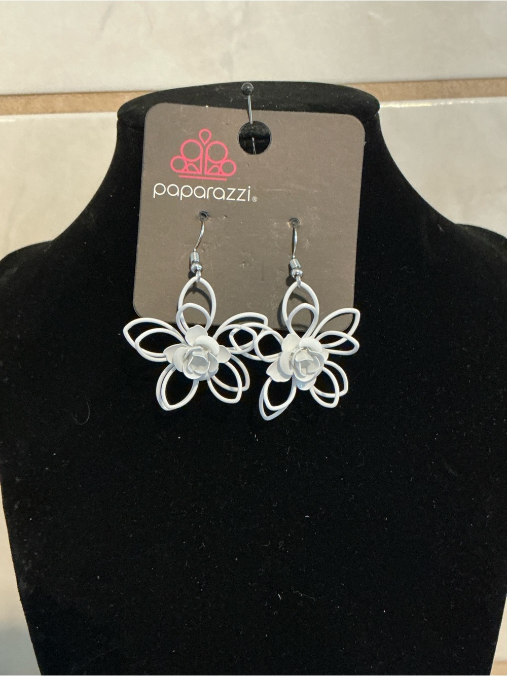 Paparazzi White Floral Loop Drop Earrings